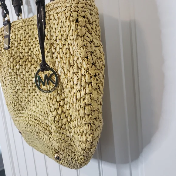 Michael Michael Kors Vintage Large Woven Straw Leather Handbag Satchel Tote - Picture 9 of 15